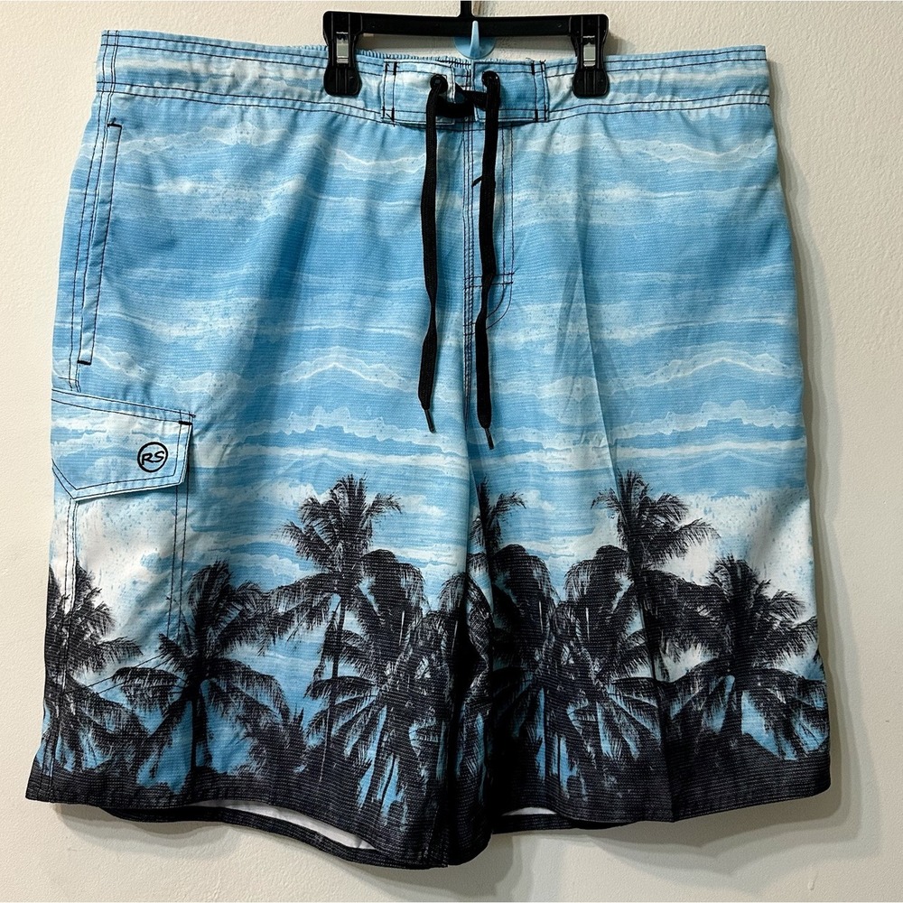 RS Surf Men's Size XL Swim Trunks Board Shorts Blue Tropical Palm Tree Beachwear